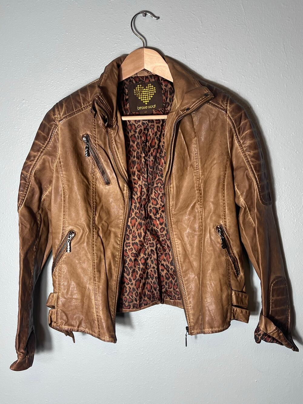 Brave Soul Weathered Brown Sz M Faux Leather Moto Jacket Coat Stretch Boho Retro
